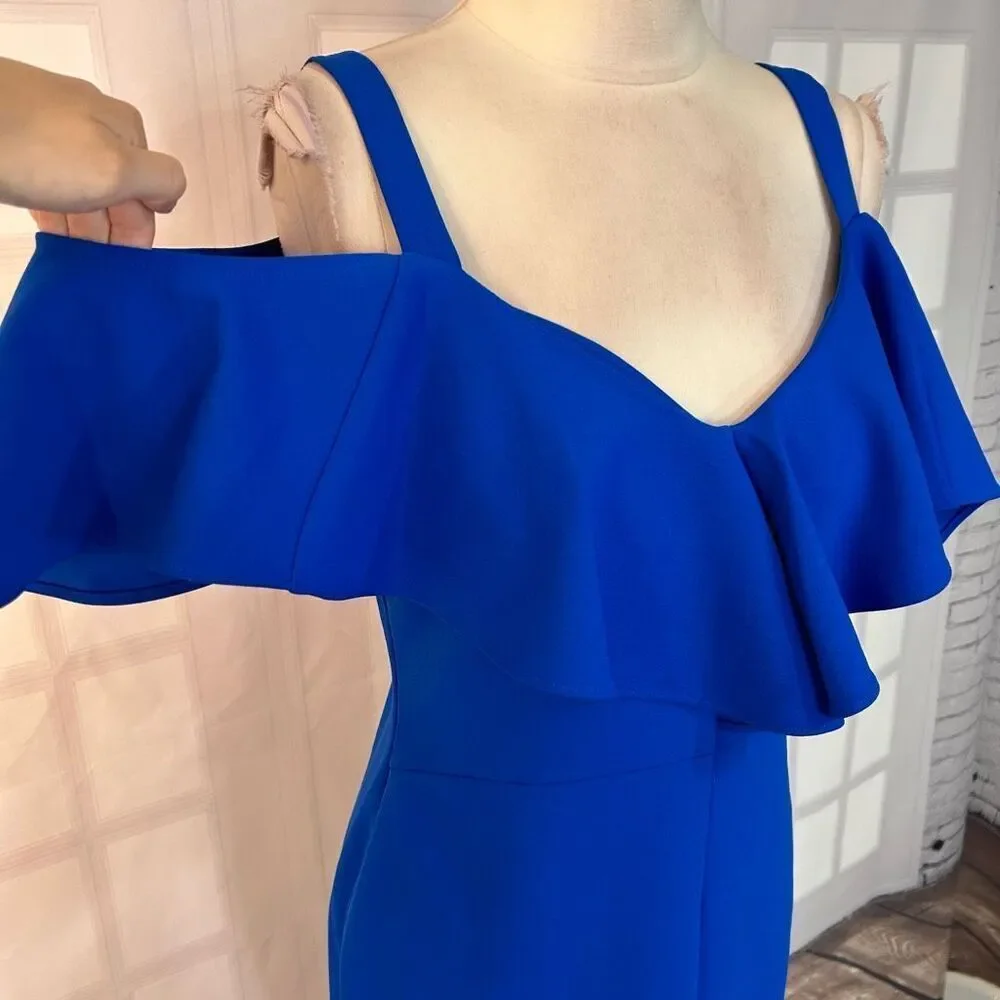 Rachel Roy Cold Shoulder blue flounce pencil Dress Size Large